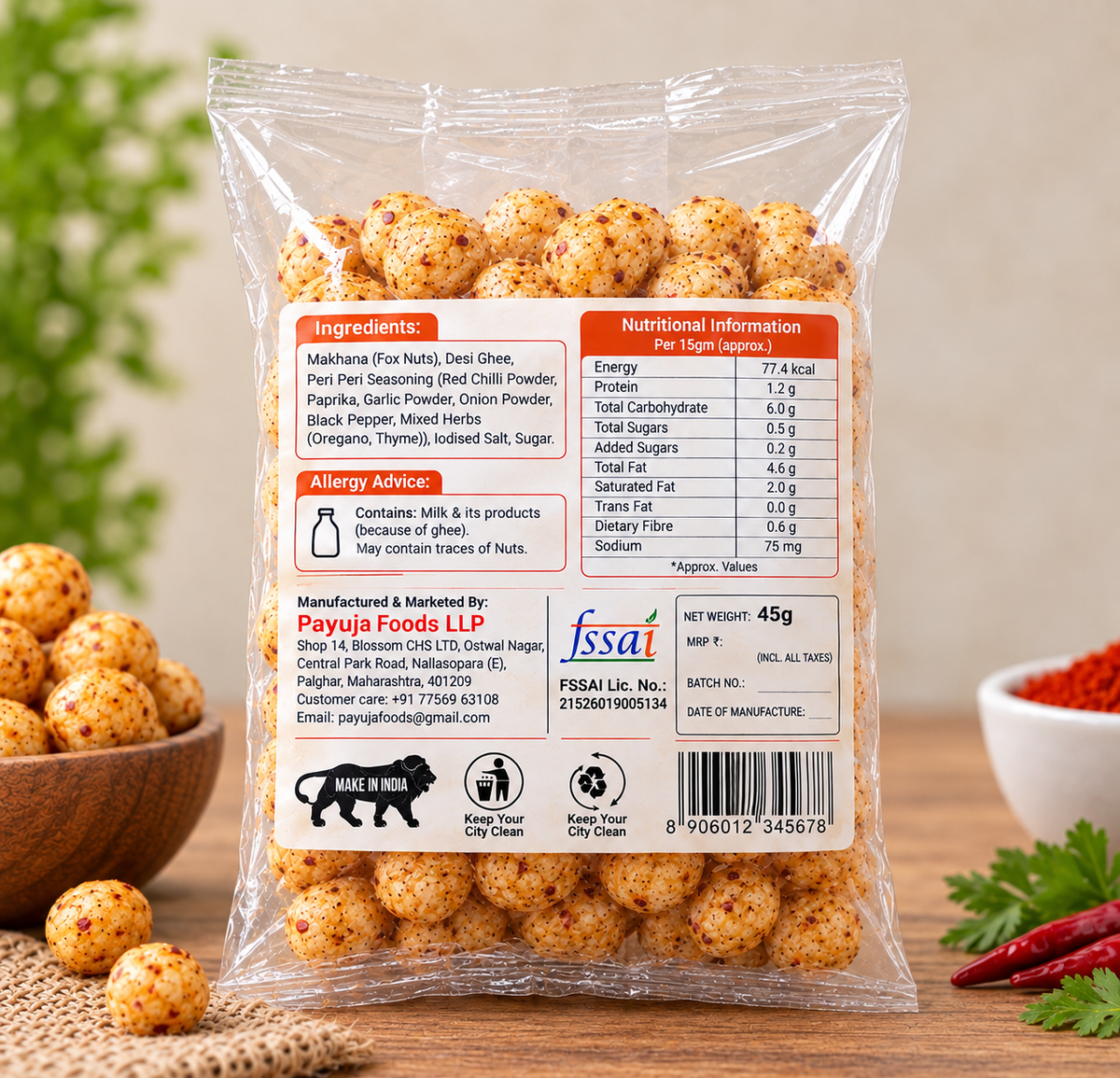 Payuja Peri Peri Makhana – Spicy & Crunchy Roasted Fox Nuts | 45g